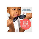 Children’s keyhole-shaped UV sunglasses in tortoise pattern held by a child demonstrating their flexibility and durability.