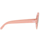 Rose gold polarized sunglasses with mirrored lenses and a flower shape, showcasing the side view and temples.