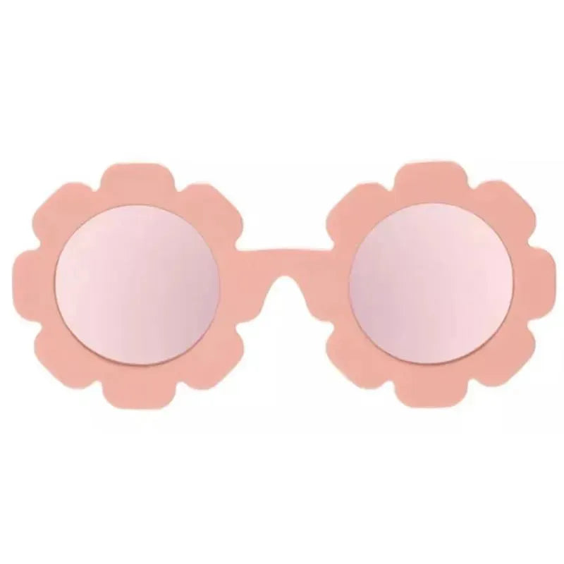 Rose gold mirrored lens flower-shaped polarized sunglasses by Babiators, featuring a soft pink frame and circular lenses.