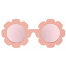 Rose gold mirrored lens flower-shaped polarized sunglasses by Babiators, featuring a soft pink frame and circular lenses.