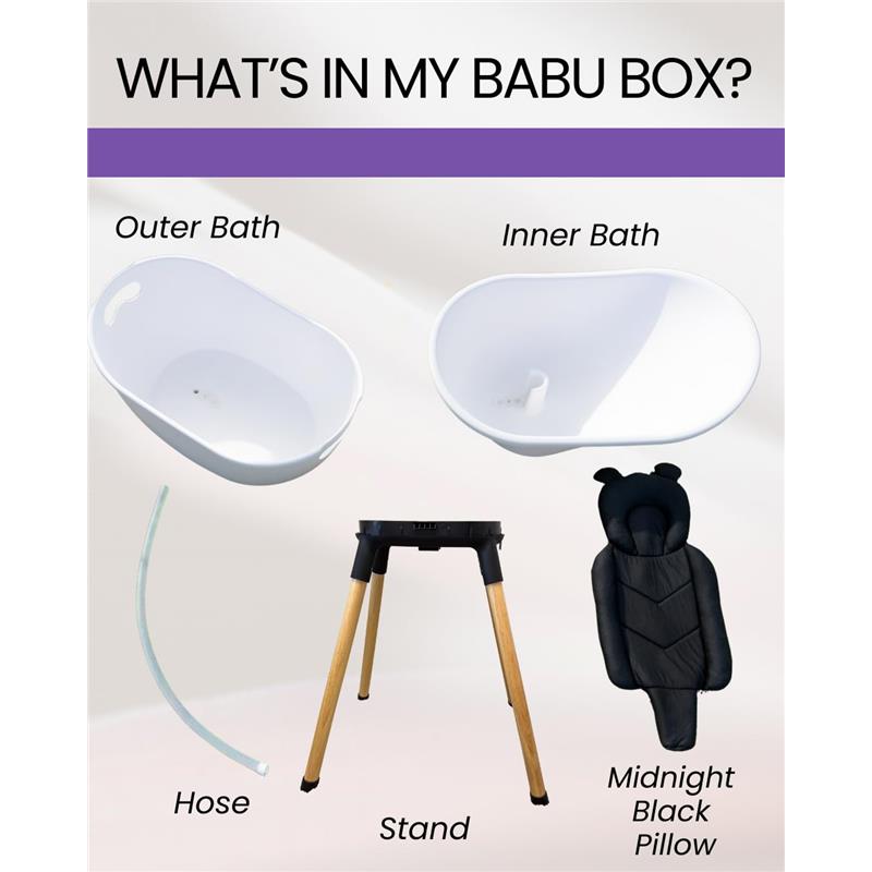 Luxury baby bathtub components: outer bath, inner bath, wooden stand, hose, and midnight black pillow.