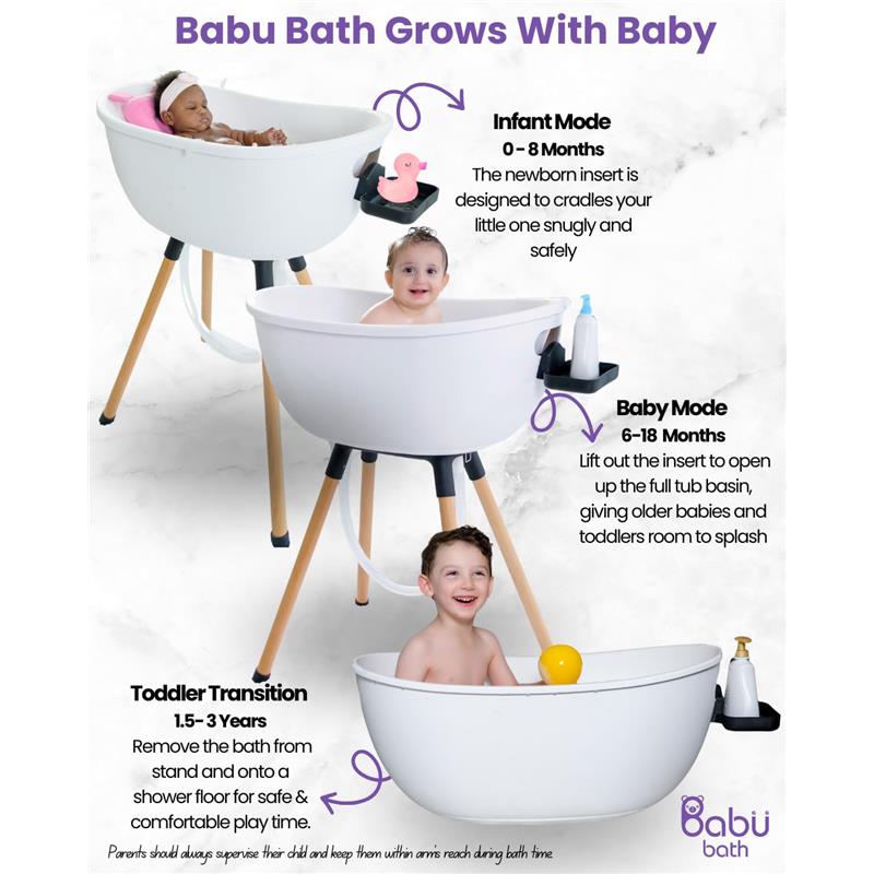 Luxury baby bathtub Babu Bath, featuring a wooden stand and three modes for infants and toddlers, with a yellow rubber duck and soap dispenser.