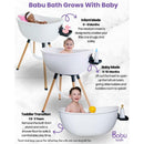 Luxury baby bathtub Babu Bath, featuring a wooden stand and three modes for infants and toddlers, with a yellow rubber duck and soap dispenser.