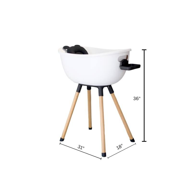 Luxury baby bathtub in white with a wooden stand, measuring 36 inches tall, 31 inches wide, and 18 inches deep.