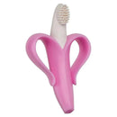 Baby Banana Teething Toothbrush in pink, shaped like a banana with soft bristles for gentle teething relief.