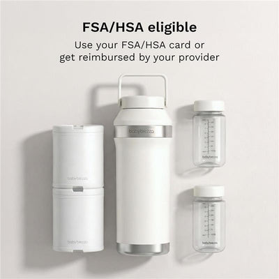 Portable breastmilk cooler by Baby Brezza, featuring a 20 oz capacity, two stackable containers, and two storage bottles.