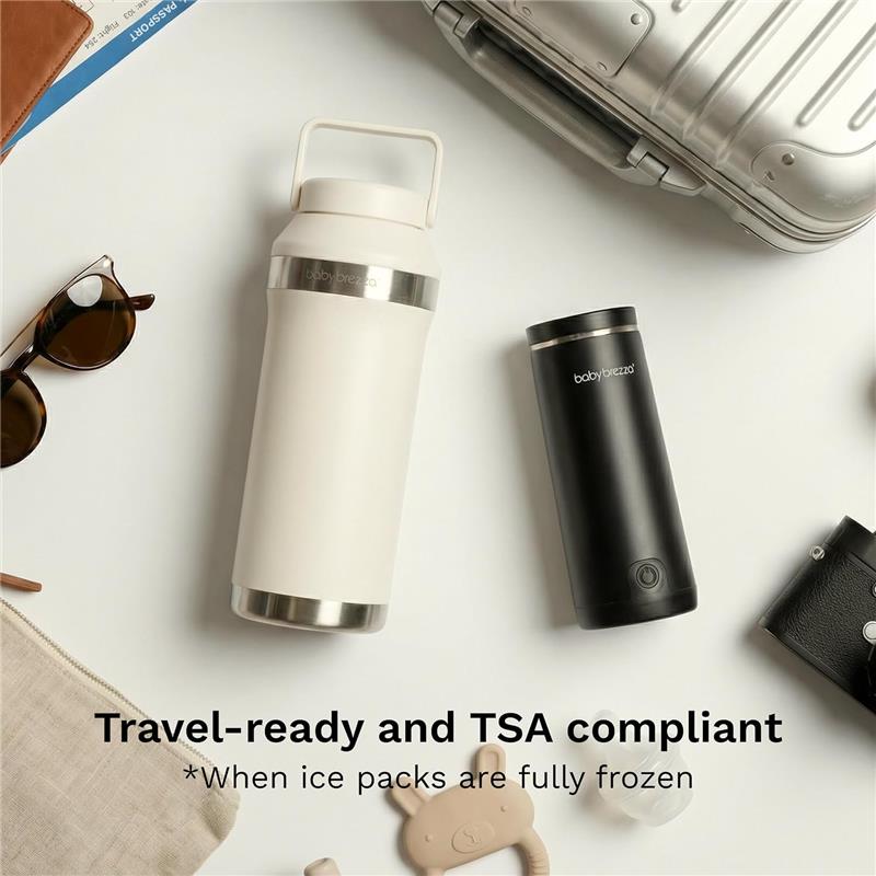 Portable Baby Brezza breastmilk cooler in white and black, with a large capacity, alongside travel essentials and a TSA compliance note.