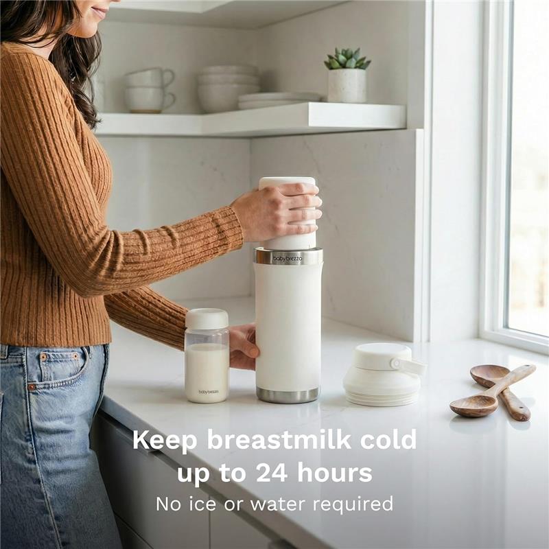 Breastmilk cooler by Baby Brezza; white with a 20 oz capacity; keeps milk cold for 24 hours without ice or water.