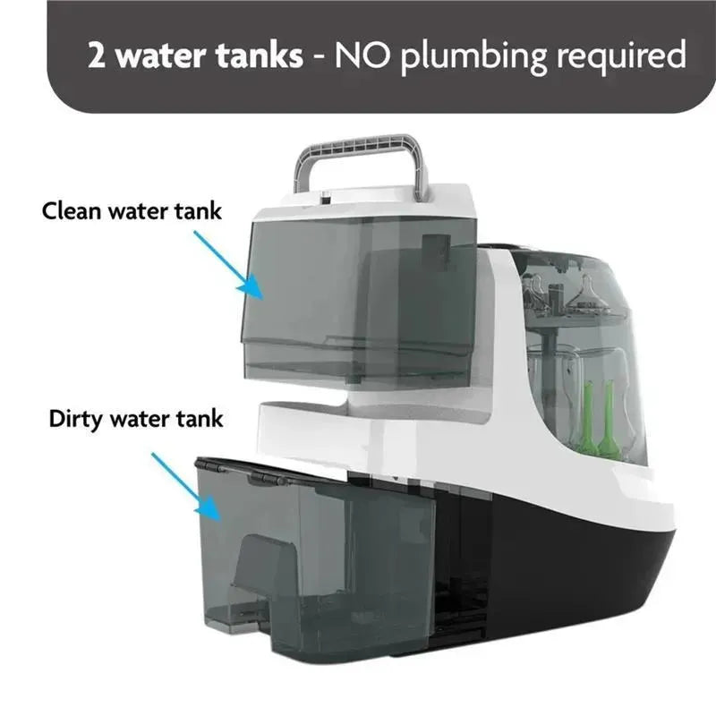 Baby Brezza Bottle Washer Pro features two water tanks, labeled clean and dirty, with no plumbing required.