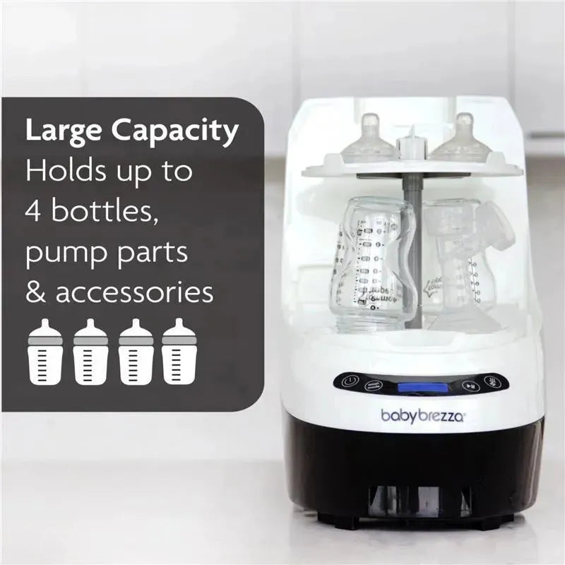 Baby Brezza Bottle Washer Pro in white, designed to wash, sterilize, and dry up to 4 baby bottles and accessories.