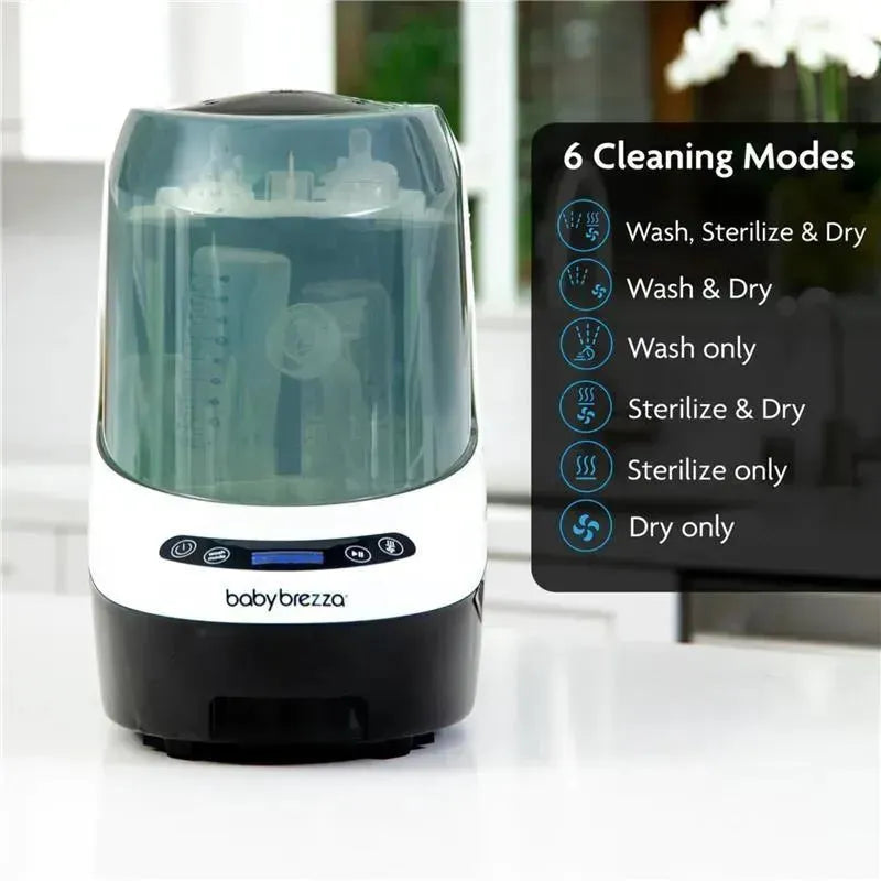 Baby Brezza Bottle Washer Pro, a white appliance with a transparent lid, showcases six cleaning modes for bottles.