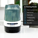 Baby Brezza Bottle Washer Pro, a white appliance with a transparent lid, showcases six cleaning modes for bottles.