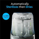 Baby Brezza Bottle Washer Pro in white, designed to automatically sterilize and dry baby bottles, featuring clear visibility of bottles and important text about germ killing.