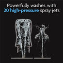 Powerfully washes with 20 high-pressure spray jets, depicted with water splashing from two bottle shapes.