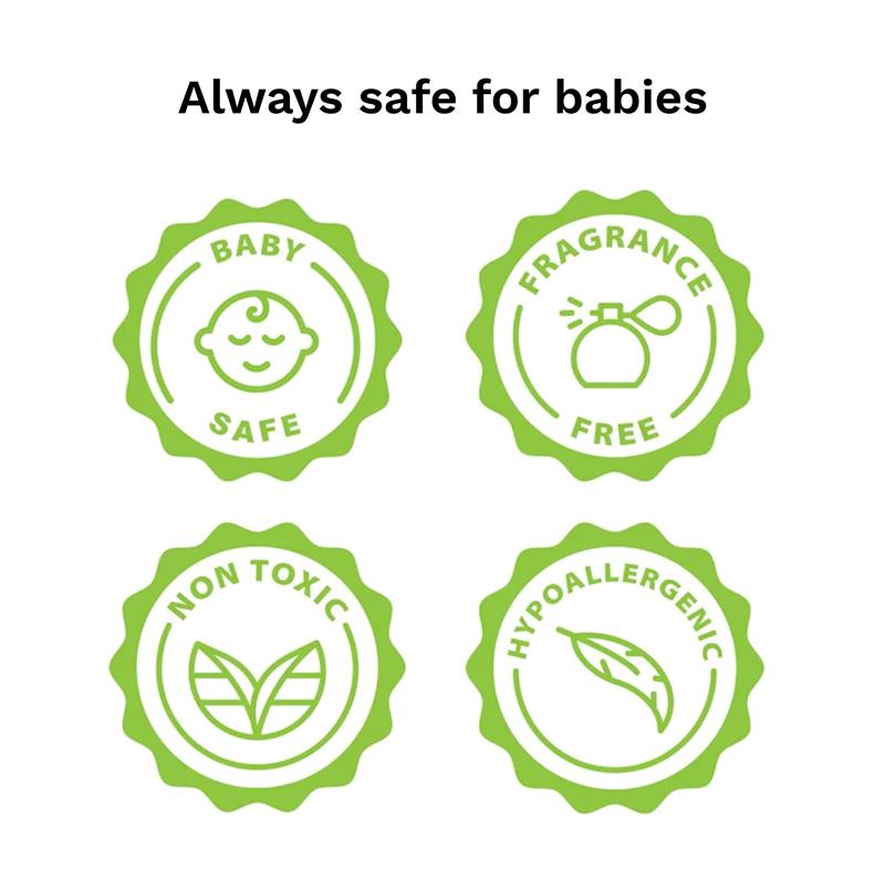 Green badges indicating Baby Brezza detergent soap tablets are baby safe, fragrance-free, non-toxic, and hypoallergenic.