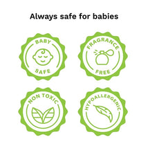 Green badges indicating Baby Brezza detergent soap tablets are baby safe, fragrance-free, non-toxic, and hypoallergenic.