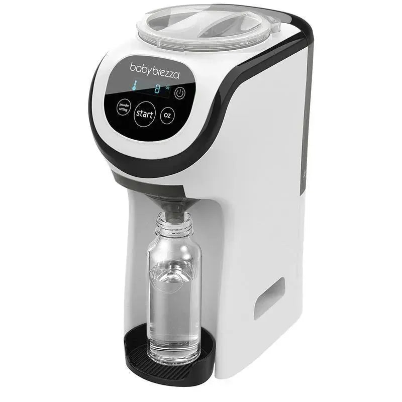 Baby Brezza Formula Pro Mini with a clear bottle underneath; designed for easy formula preparation.