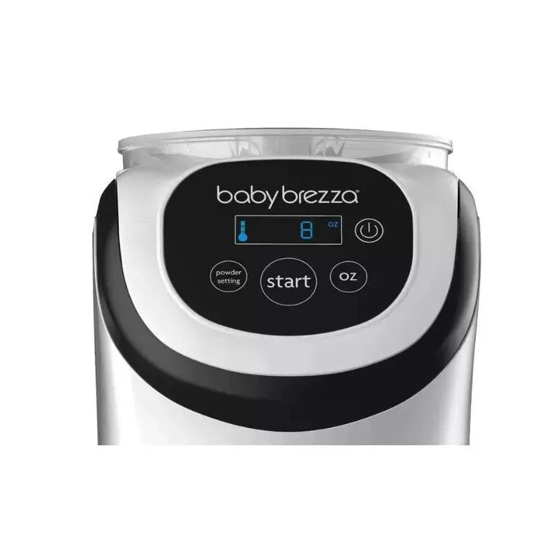 Baby Brezza Formula Pro Mini with a digital display showing 8 oz and control buttons for starting and powder settings.