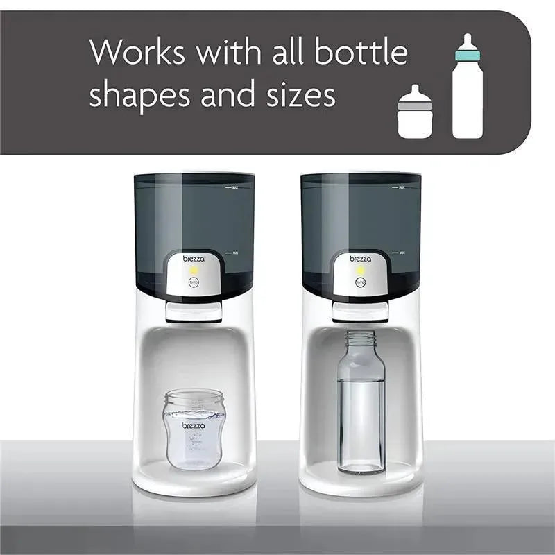 Instant Warmer by Baby Brezza, designed to work with all bottle shapes and sizes, shown with examples.