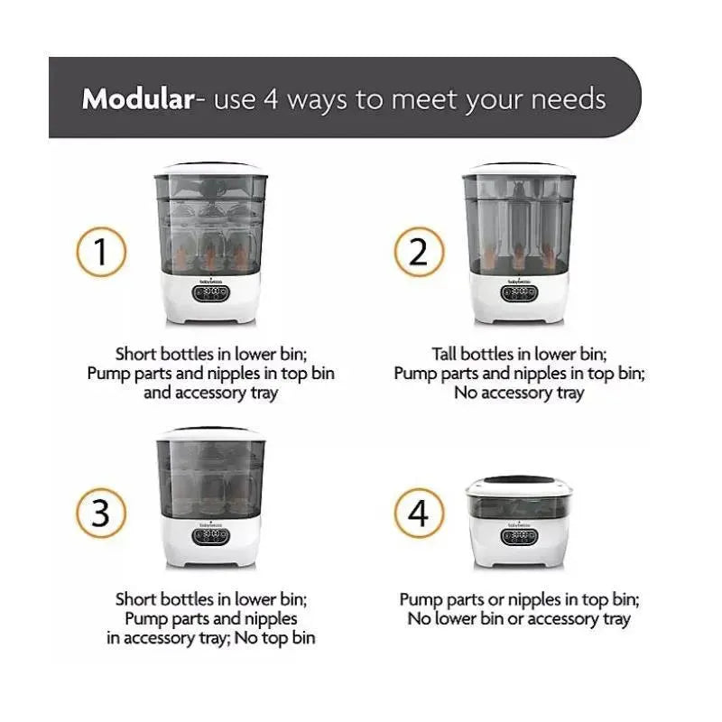 Modular Baby Brezza sterilizer and dryer options showing four configurations for bottle and accessory placement.