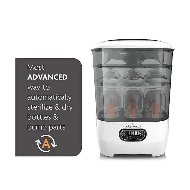 Advanced Baby Brezza bottle sterilizer and dryer, designed to automatically sterilize and dry bottles and pump parts.
