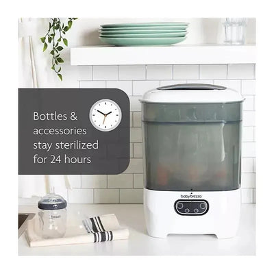 One Step Baby Bottle Sterilizer and Dryer by Baby Brezza, shown sterilizing bottles with a text overlay about 24-hour sterilization.
