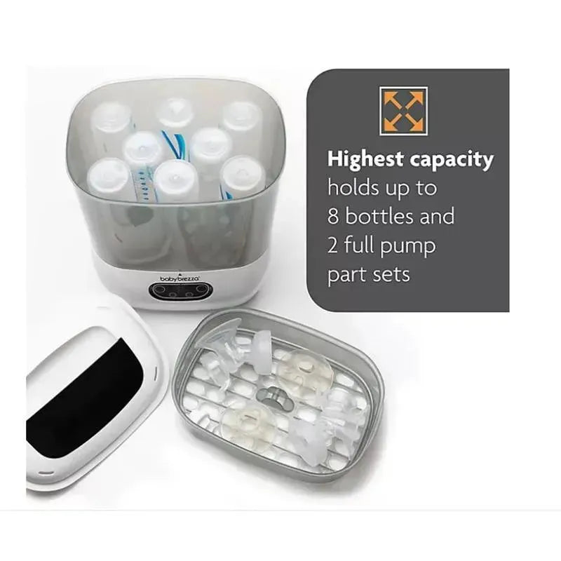 Baby Brezza One Step Baby Bottle Sterilizer and Dryer with 8 bottles and pump parts on display, emphasizing its high capacity feature.