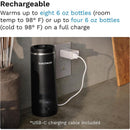 Rechargeable Baby Brezza bottle warmer in black, warming up to eight 6 oz bottles, plugged into a wall outlet.