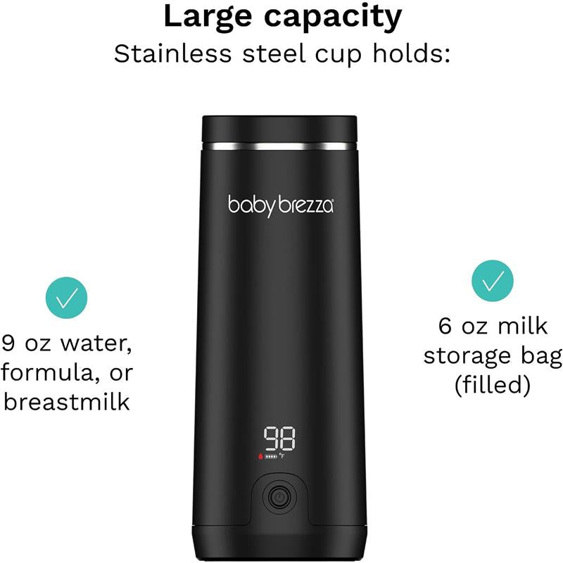 Baby Brezza Super Fast Portable Bottle Warmer in black with a digital display, capable of warming 9 oz of liquids.