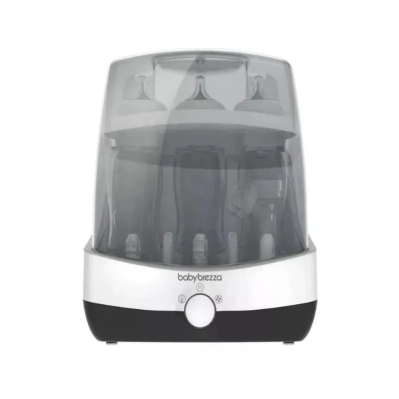 Baby Brezza Superfast Sterilizer Dryer with a transparent lid, housing multiple baby bottles for sterilization and drying.