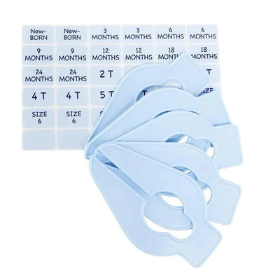 Five blue closet organizers with size labels for children’s clothing, accompanied by a sheet of adhesive size tags.