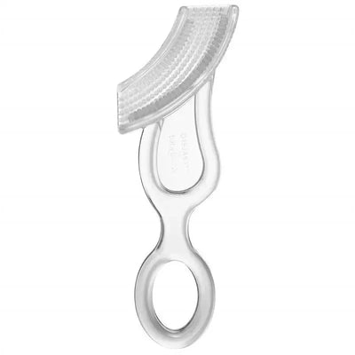 Clear baby toothbrush designed for infants, featuring a soft textured head and an easy-grip handle.