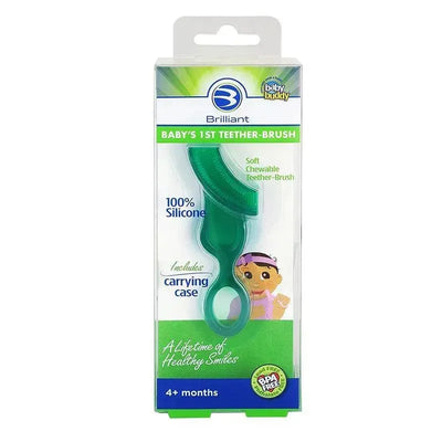 Baby Buddy 1st Toothbrush in green, made of soft silicone, with a carrying case; suitable for babies 4+ months.