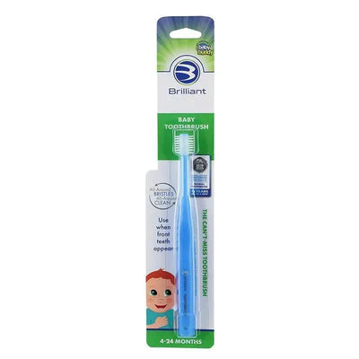 Baby Buddy Brilliant Baby Toothbrush in blue, designed for infants 4-24 months, featuring all-around bristles for effective cleaning.
