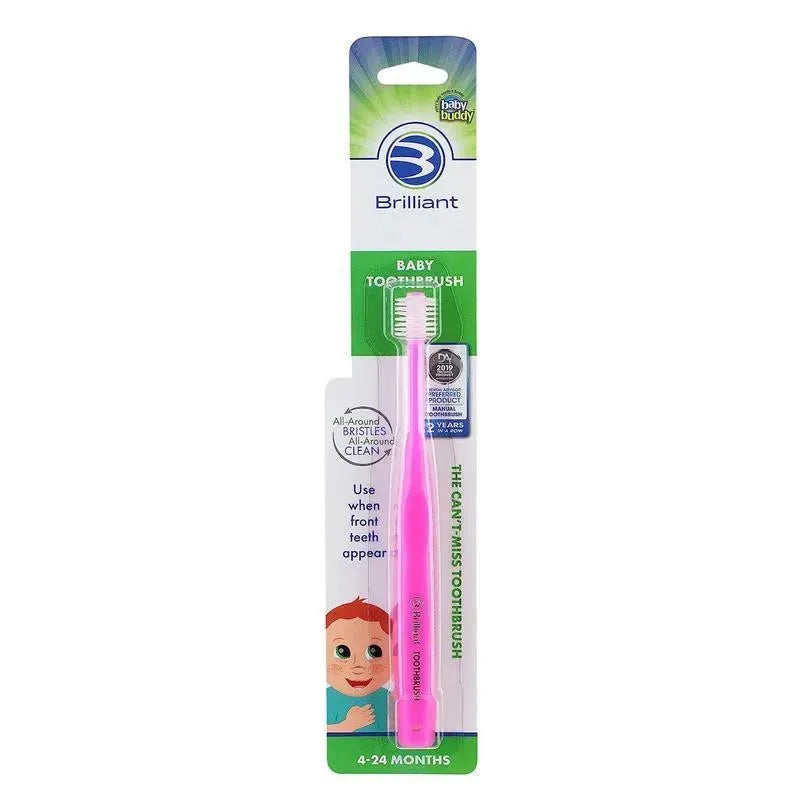 Brilliant Baby Toothbrush in pink packaging, designed for infants 4-24 months, features soft bristles and a child-friendly grip.