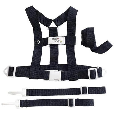 Black Baby Buddy Deluxe Security Harness with adjustable straps and buckles for child safety.