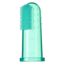 Teal silicone finger toothbrush with raised bristles for infant oral care.