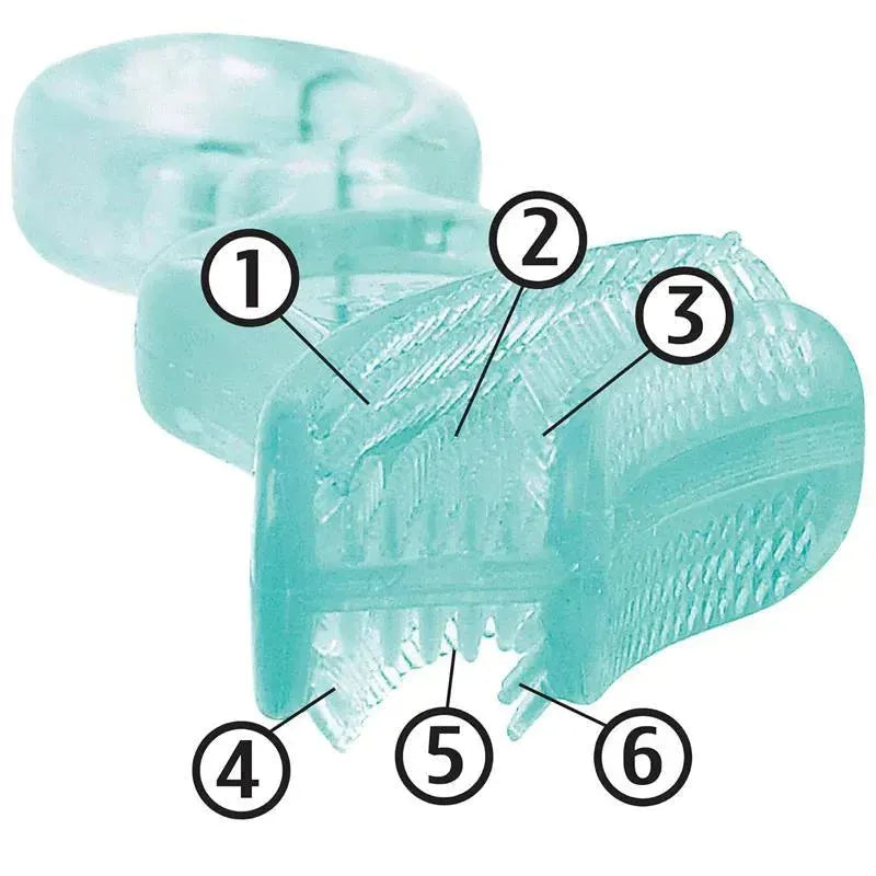 Oral care kit featuring a textured teether designed for babies, labeled with numbered details highlighting features.