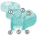 Oral care kit featuring a textured teether designed for babies, labeled with numbered details highlighting features.