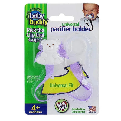 Universal pacifier holder in lilac featuring a bear design, designed to prevent dropped pacifiers. BPA free, suitable for ages 4 months and up.