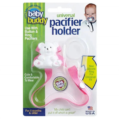 Universal pacifier holder in pink with a teddy bear design; BPA-free, lead-free, suitable for button and ring pacifiers.