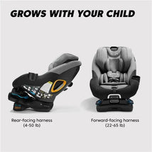 Convertible car seat displaying two configurations: rear-facing for 4-50 lb and forward-facing for 22-65 lb, Onyx Black.
