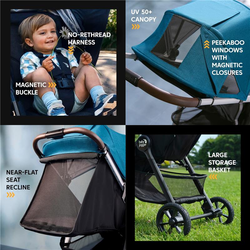 Baby Jogger City Mini GT3 All Terrain Stroller in Sierra Sand, featuring a child in the seat, a UV 50+ canopy, and large storage basket.