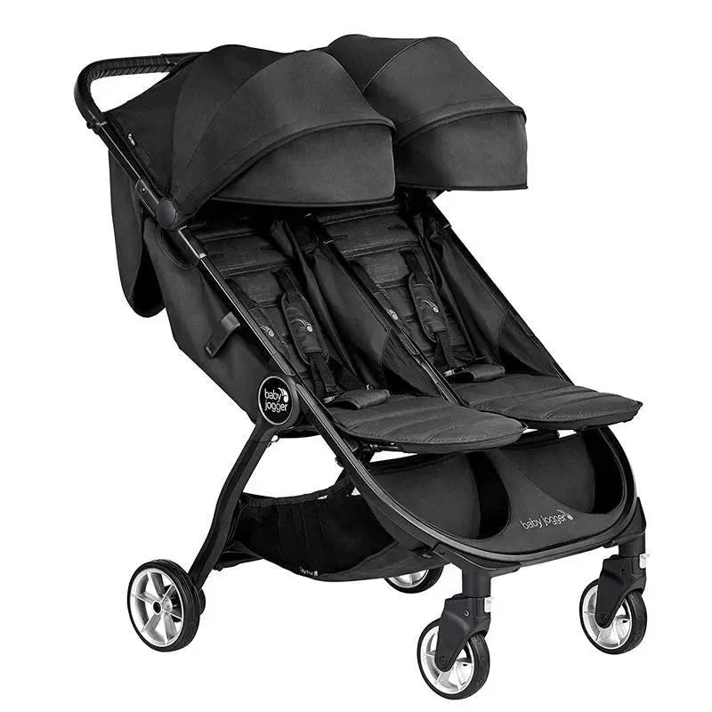 Baby Jogger City Tour 2 Double Stroller in pitch black, featuring two seating areas with canopies and a compact design.