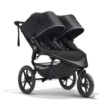 Double jogging stroller in Midnight Black, featuring two seats, sun canopies, and a storage basket.