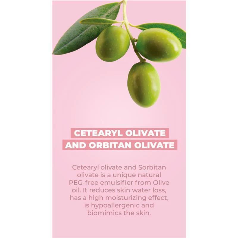 Cetearyl Olivate and Sorbitan Olivate are highlighted on a pink background, detailing their moisturizing properties and benefits.