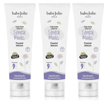 Three tubes of Baby Jolie Triple Action Lotion for Stretch Marks, labeled for prenatal skincare, hyp?allergenic, and formulated with Provitamin and Stimuli Hyal.