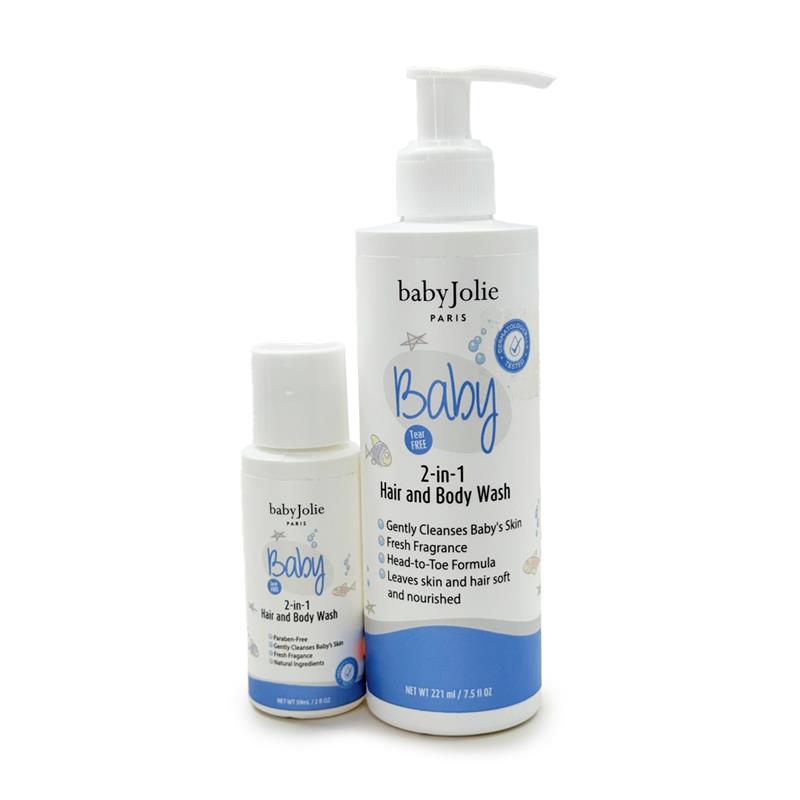 Travel-size Baby Jolie 2-in-1 Hair and Body Wash, 2oz, alongside larger 7.5oz version; both feature gentle cleansing for babies.