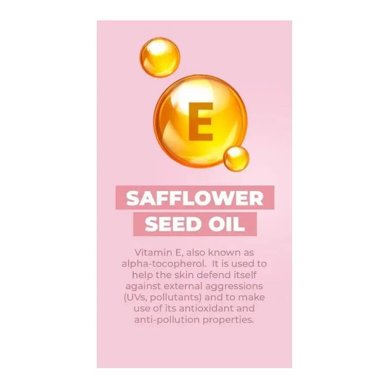 Safflower seed oil graphic highlighting Vitamin E for skin defense against UVs and pollutants.