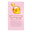 Safflower seed oil graphic highlighting Vitamin E for skin defense against UVs and pollutants.